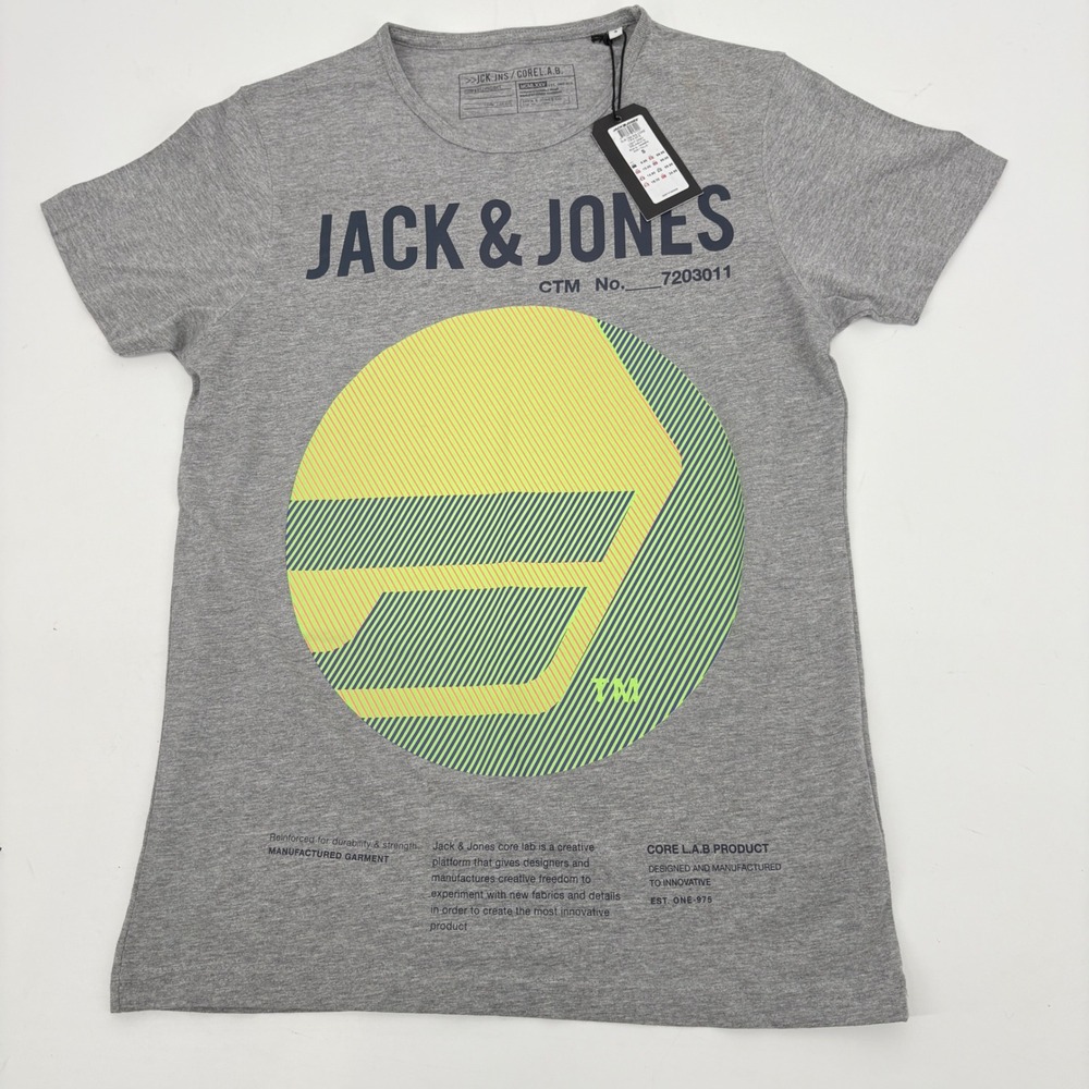 NWT S Jack & Jones Core L.A.B Grey Marl Branded Logo Mens Tee Streetwear Urban